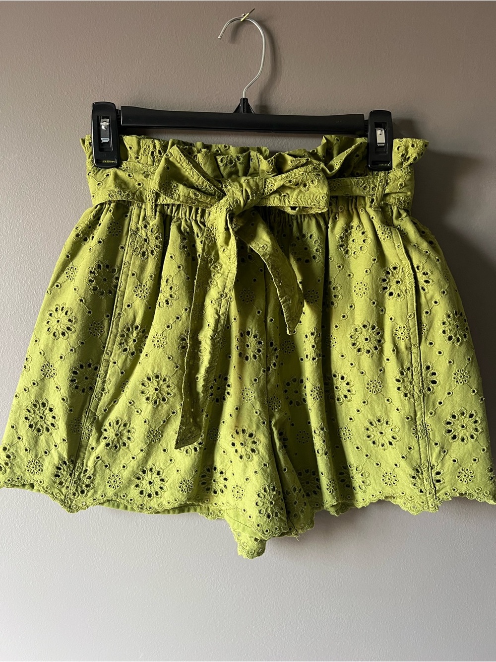 Ophelia Roe Olive Eyelet Paperbag Waist Shorts with Tie Belt